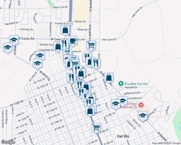 map of restaurants, bars, coffee shops, grocery stores, and more near 1701-1799 Ave H in Del Rio