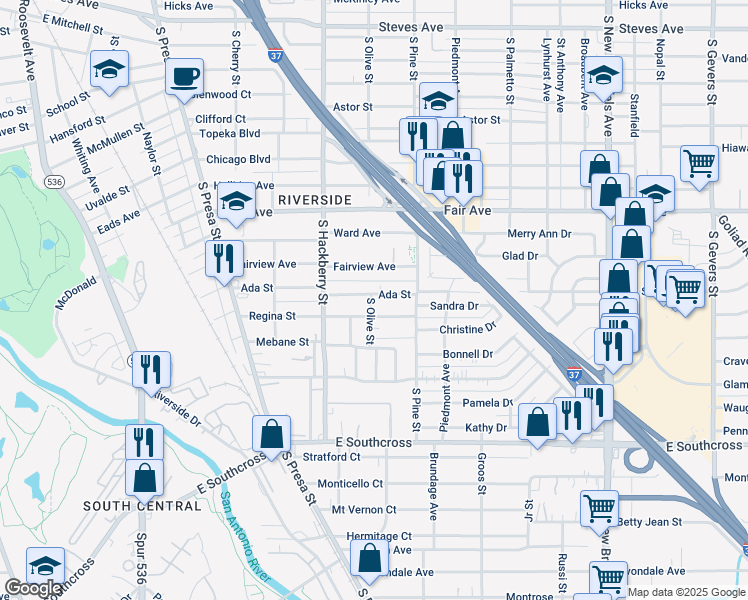 map of restaurants, bars, coffee shops, grocery stores, and more near 325 Regina Street in San Antonio