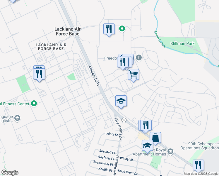 map of restaurants, bars, coffee shops, grocery stores, and more near Kewly Avenue & Selfridge Avenue in San Antonio