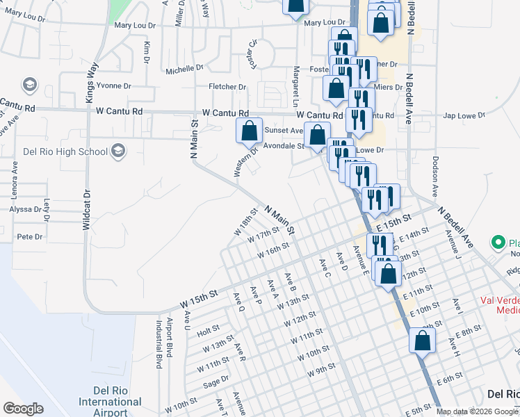 map of restaurants, bars, coffee shops, grocery stores, and more near 1913 Ave B in Del Rio