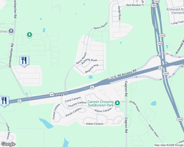 map of restaurants, bars, coffee shops, grocery stores, and more near 11202 Cape Primrose in San Antonio