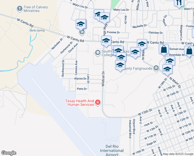 map of restaurants, bars, coffee shops, grocery stores, and more near 107 Alyssa Drive in Del Rio