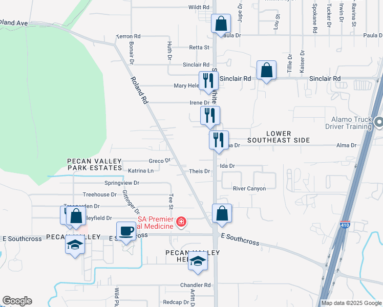 map of restaurants, bars, coffee shops, grocery stores, and more near 2819 South WW White Road in San Antonio