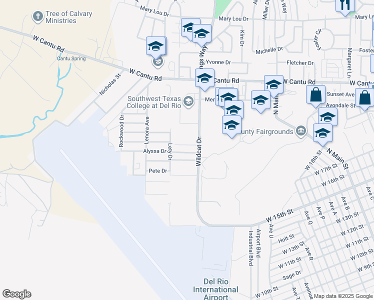 map of restaurants, bars, coffee shops, grocery stores, and more near 107 Alyssa Drive in Del Rio