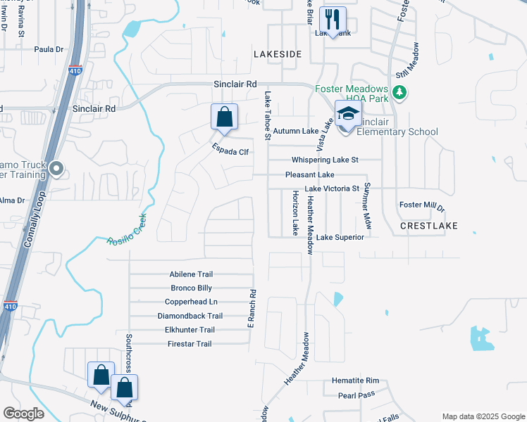 map of restaurants, bars, coffee shops, grocery stores, and more near 3535 Lake Tahoe Street in San Antonio