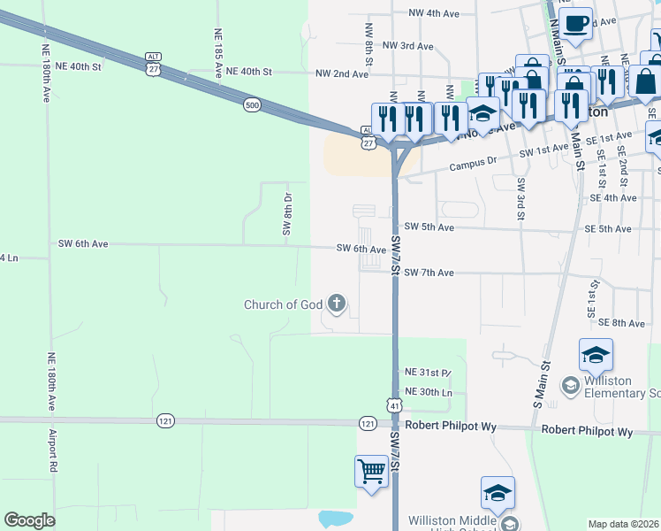 map of restaurants, bars, coffee shops, grocery stores, and more near 810 Northeast 35th Street in Williston