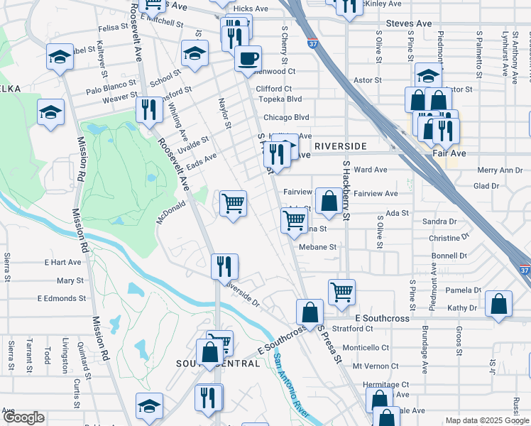 map of restaurants, bars, coffee shops, grocery stores, and more near 109 Liberty Street in San Antonio