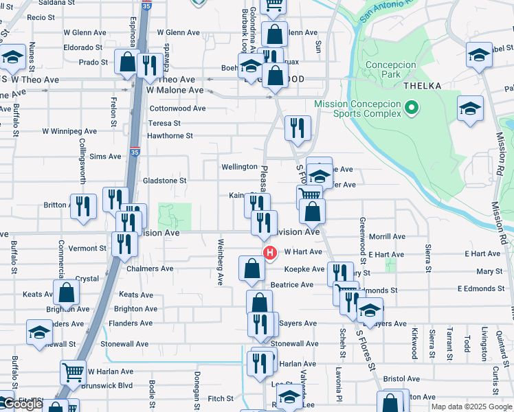 map of restaurants, bars, coffee shops, grocery stores, and more near 507 Pleasanton Road in San Antonio