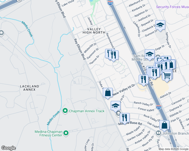 map of restaurants, bars, coffee shops, grocery stores, and more near 5207 Duke Field in San Antonio