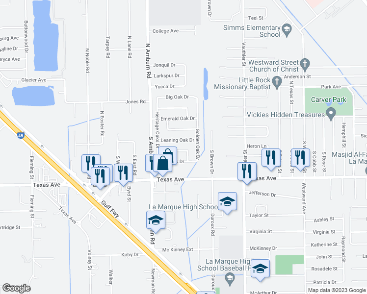 map of restaurants, bars, coffee shops, grocery stores, and more near 7826 Fallen Oak Lane in Texas City