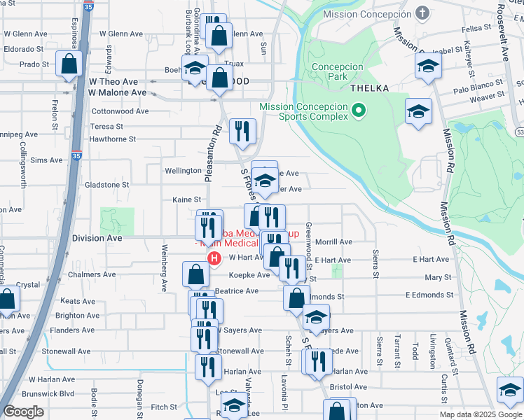 map of restaurants, bars, coffee shops, grocery stores, and more near 103 Lecompte Place in San Antonio