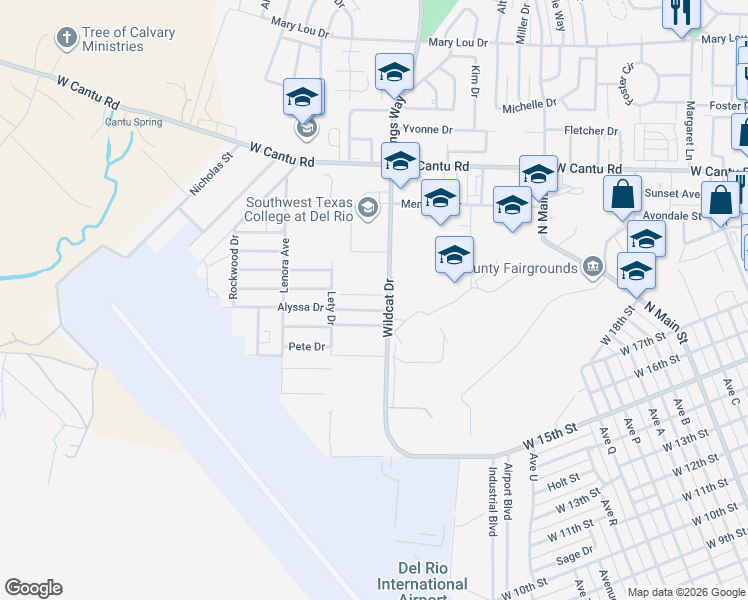 map of restaurants, bars, coffee shops, grocery stores, and more near 107 Alyssa Drive in Del Rio