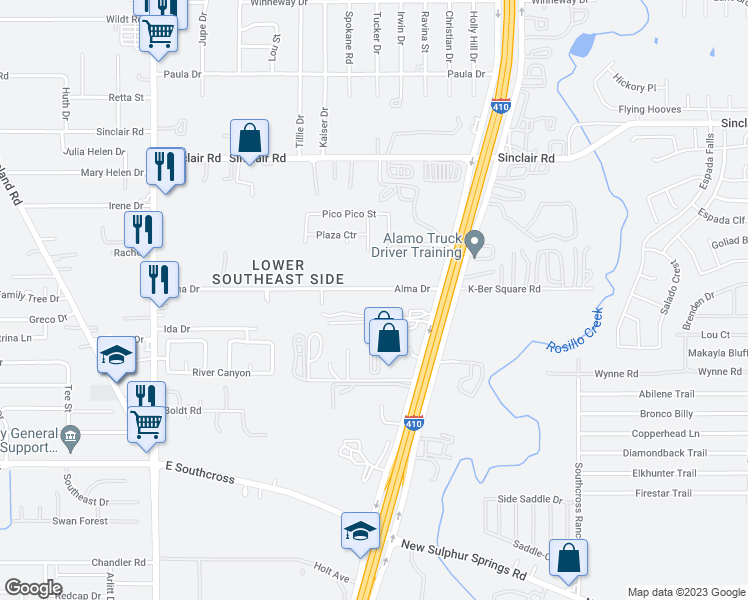map of restaurants, bars, coffee shops, grocery stores, and more near 4910 Alma Drive in San Antonio
