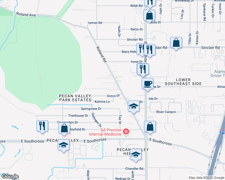 map of restaurants, bars, coffee shops, grocery stores, and more near 4355 Greco Drive in San Antonio