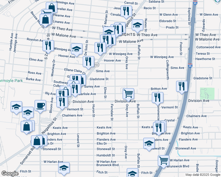 map of restaurants, bars, coffee shops, grocery stores, and more near 303 Carlisle Avenue in San Antonio