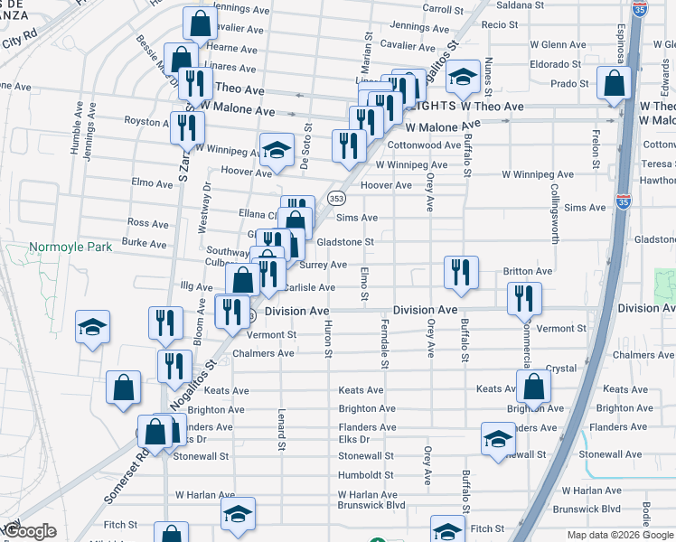 map of restaurants, bars, coffee shops, grocery stores, and more near 209 Carlisle Avenue in San Antonio