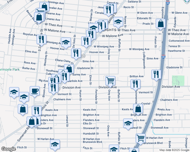 map of restaurants, bars, coffee shops, grocery stores, and more near 303 Carlisle Avenue in San Antonio