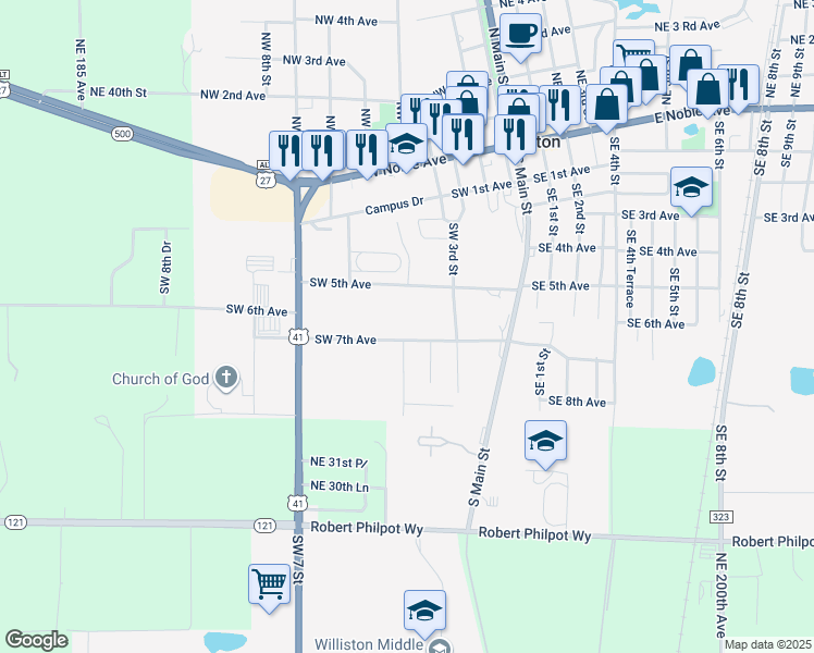map of restaurants, bars, coffee shops, grocery stores, and more near 409 Southwest 7th Avenue in Williston