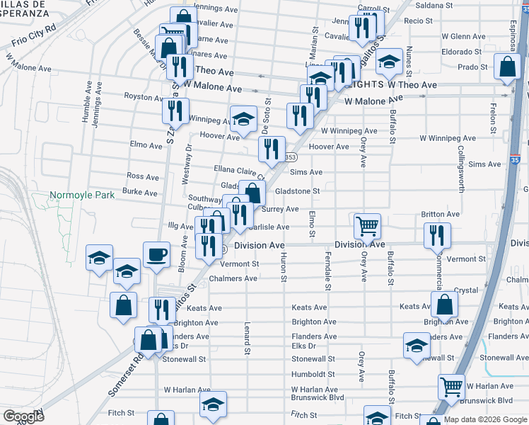 map of restaurants, bars, coffee shops, grocery stores, and more near 139 Carlisle Avenue in San Antonio