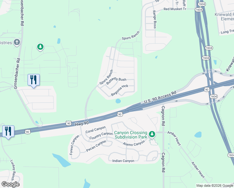 map of restaurants, bars, coffee shops, grocery stores, and more near 11202 Cape Primrose in San Antonio