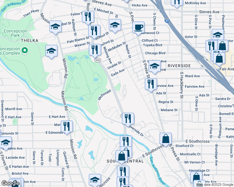 map of restaurants, bars, coffee shops, grocery stores, and more near in San Antonio