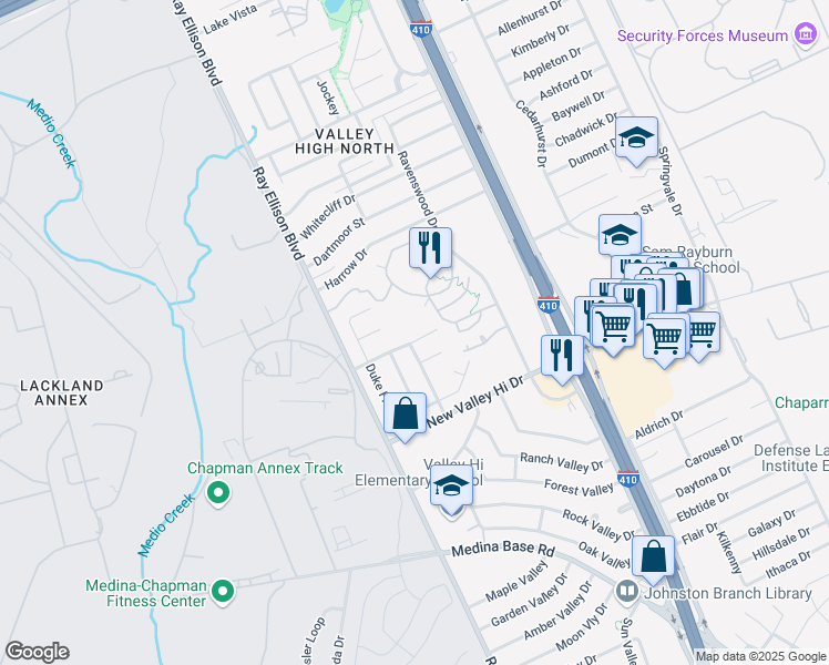 map of restaurants, bars, coffee shops, grocery stores, and more near 7827 Ironside Port in San Antonio