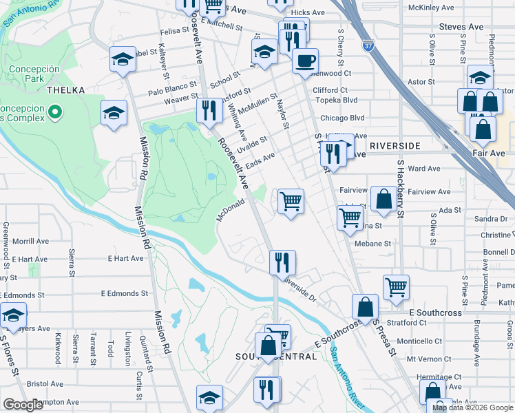 map of restaurants, bars, coffee shops, grocery stores, and more near in San Antonio