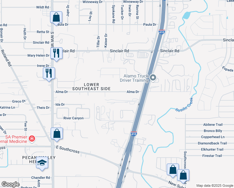 map of restaurants, bars, coffee shops, grocery stores, and more near 4910 Alma Drive in San Antonio
