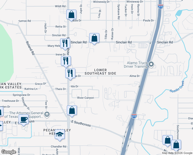 map of restaurants, bars, coffee shops, grocery stores, and more near 4710 Alma Drive in San Antonio