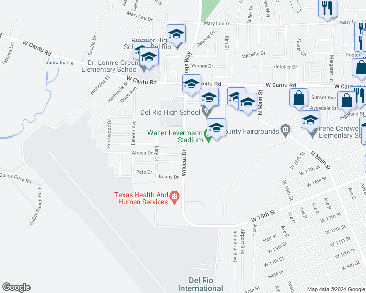 map of restaurants, bars, coffee shops, grocery stores, and more near 228-260 Wildcat Dr in Del Rio