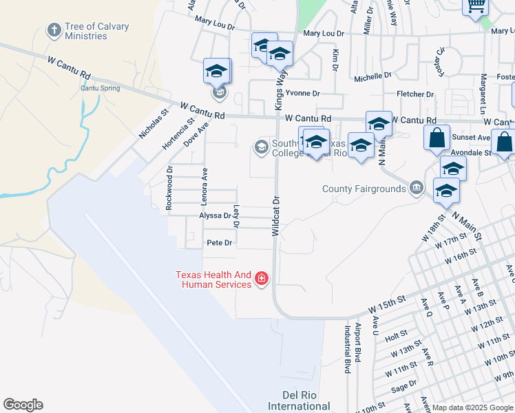 map of restaurants, bars, coffee shops, grocery stores, and more near 113-115 Rockwell Way in Del Rio