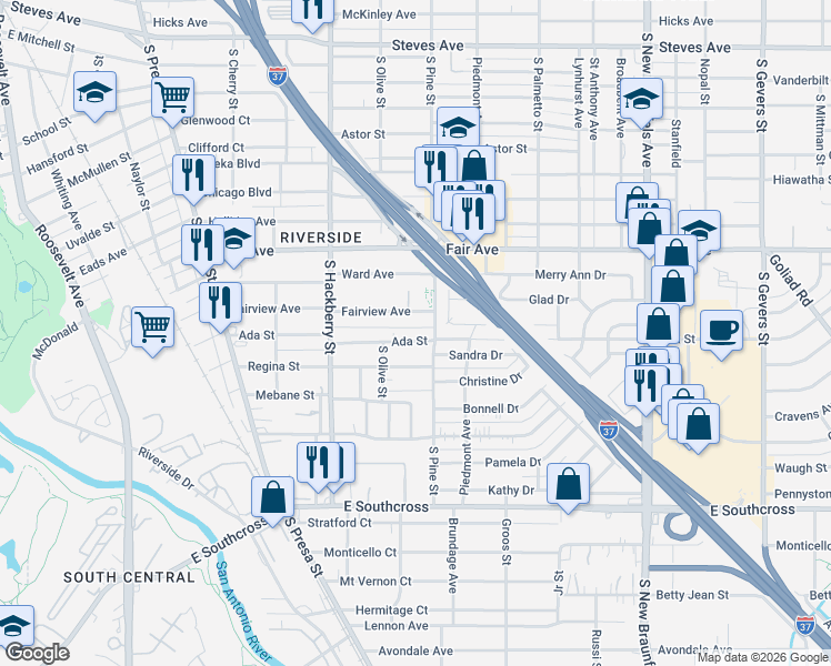 map of restaurants, bars, coffee shops, grocery stores, and more near 375 Fairview Avenue in San Antonio