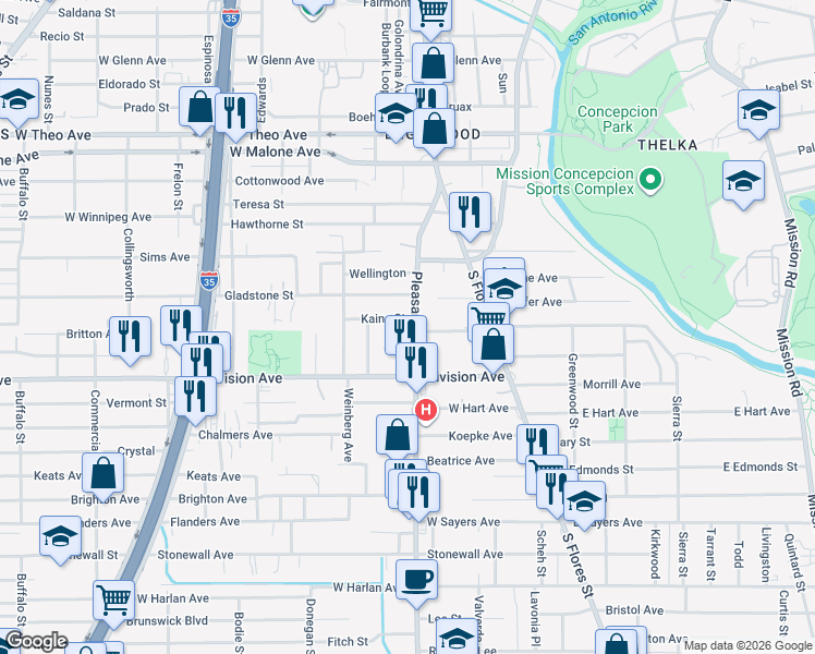 map of restaurants, bars, coffee shops, grocery stores, and more near 107 Kaine Street in San Antonio