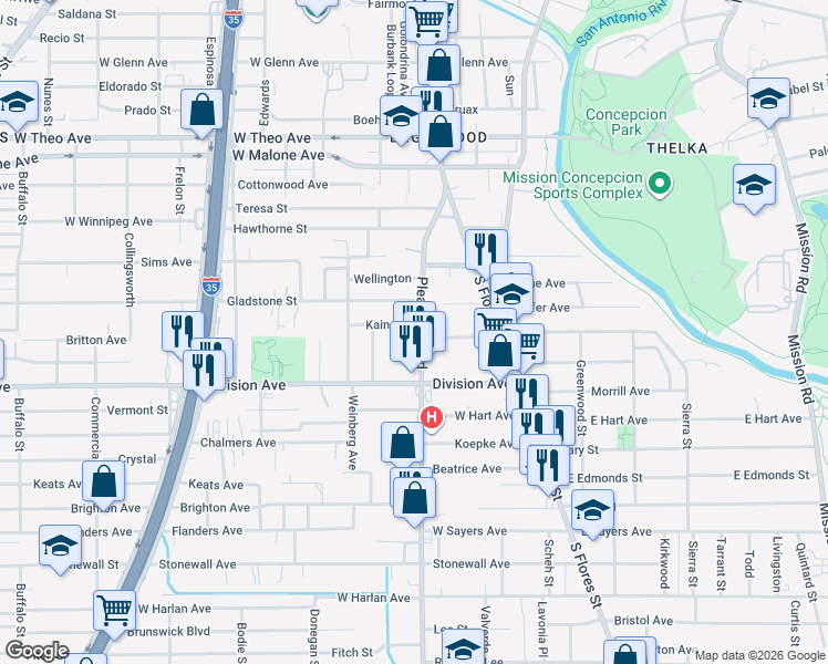map of restaurants, bars, coffee shops, grocery stores, and more near 107 Kaine Street in San Antonio