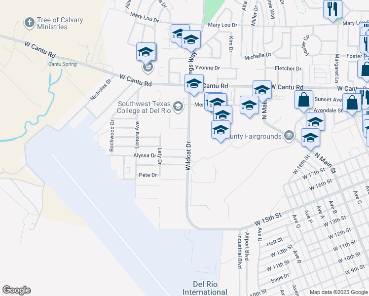 map of restaurants, bars, coffee shops, grocery stores, and more near 228-260 Wildcat Dr in Del Rio