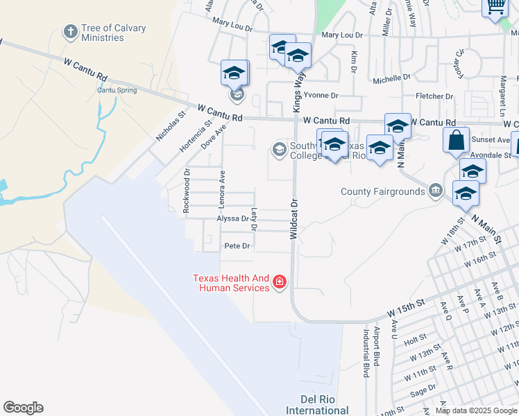 map of restaurants, bars, coffee shops, grocery stores, and more near 202 Don Martin in Del Rio