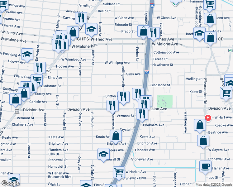 map of restaurants, bars, coffee shops, grocery stores, and more near 634 Gladstone Avenue in San Antonio