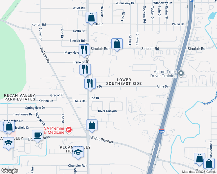 map of restaurants, bars, coffee shops, grocery stores, and more near 4610 Alma Drive in San Antonio