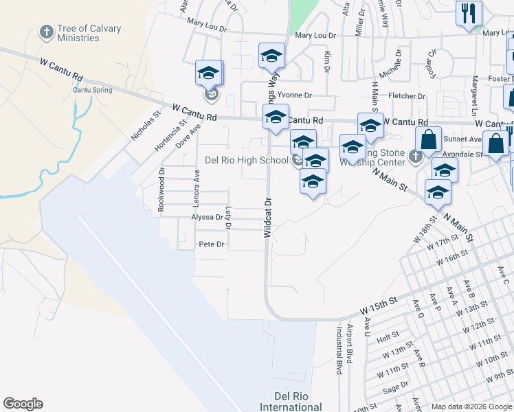 map of restaurants, bars, coffee shops, grocery stores, and more near 113-115 Rockwell Way in Del Rio