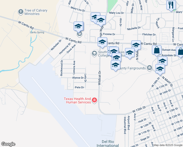 map of restaurants, bars, coffee shops, grocery stores, and more near 113-115 Rockwell Way in Del Rio