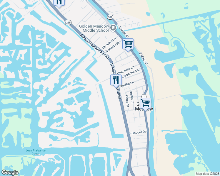 map of restaurants, bars, coffee shops, grocery stores, and more near 1591 South Alex Plaisance Boulevard in Golden Meadow