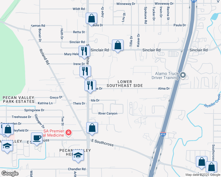 map of restaurants, bars, coffee shops, grocery stores, and more near 4610 Alma Drive in San Antonio