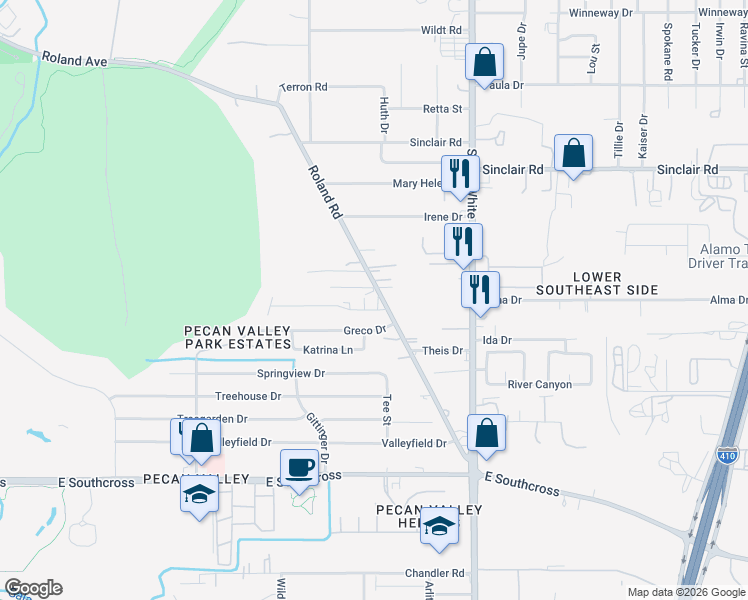 map of restaurants, bars, coffee shops, grocery stores, and more near 4322 Roland Road in San Antonio