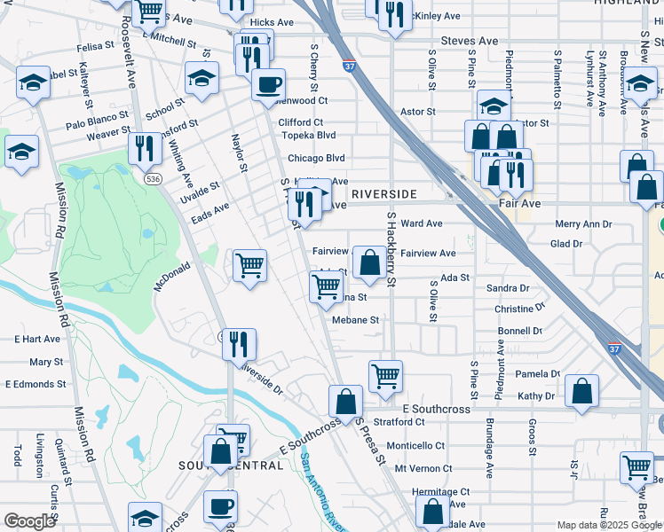 map of restaurants, bars, coffee shops, grocery stores, and more near 128 Fairview Avenue in San Antonio