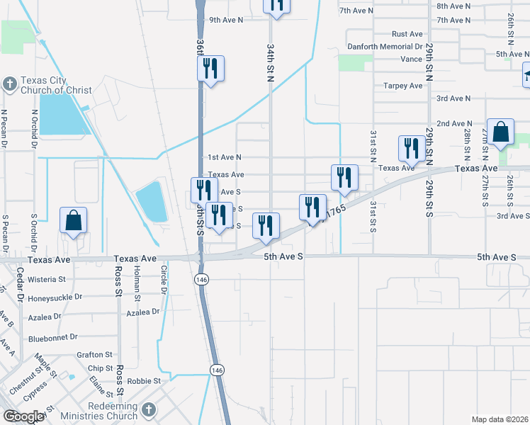 map of restaurants, bars, coffee shops, grocery stores, and more near 3411 1st Avenue South in Texas City