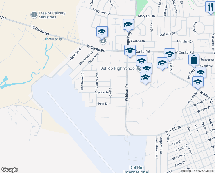 map of restaurants, bars, coffee shops, grocery stores, and more near 202 Don Martin in Del Rio