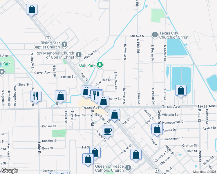 map of restaurants, bars, coffee shops, grocery stores, and more near 5015 Red Oak Lane in Texas City