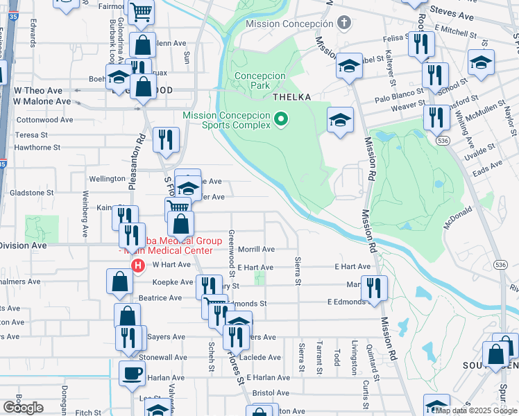 map of restaurants, bars, coffee shops, grocery stores, and more near 243 Octavia Place in San Antonio
