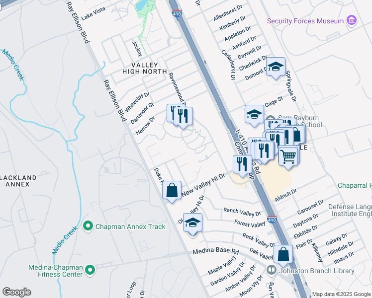 map of restaurants, bars, coffee shops, grocery stores, and more near 7803 Liberty Island in San Antonio