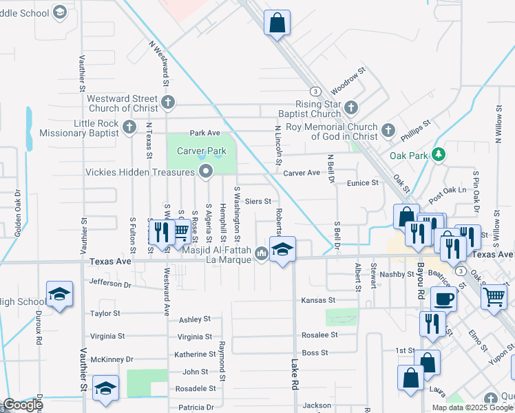 map of restaurants, bars, coffee shops, grocery stores, and more near 6218 Siers Street in Texas City